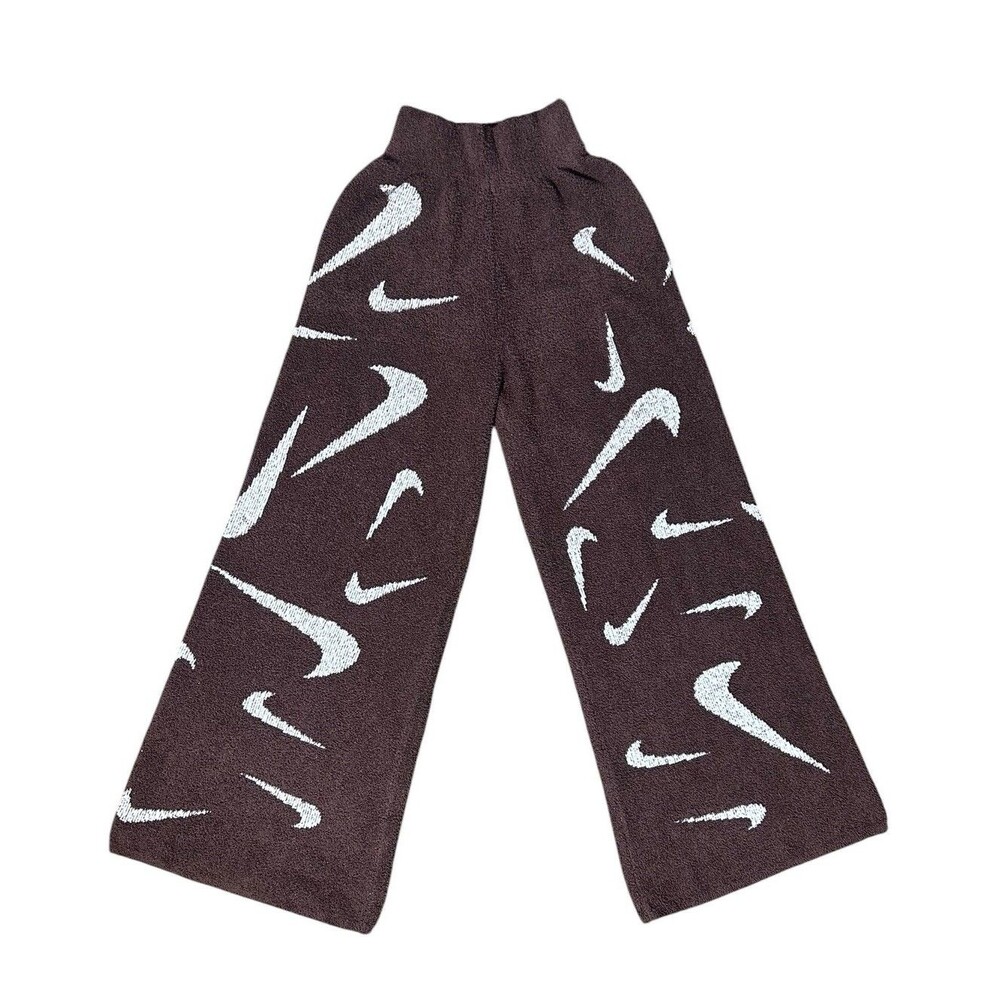 Nike Phoenix Cozy Bouclé Pants XS Brown And White HighWaisted WideLeg AOP Swoosh